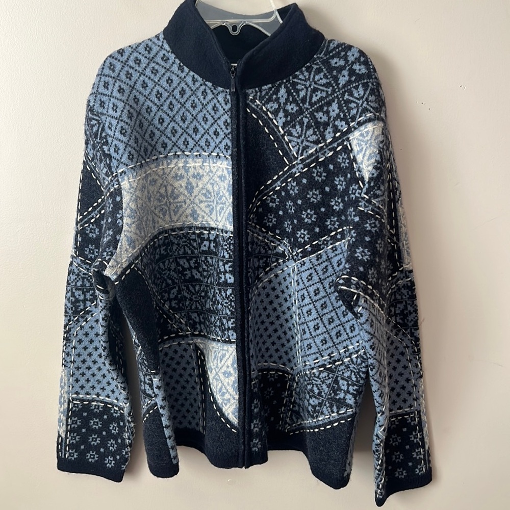 Vintage Talbots Patchwork 100% Merino Wool Zip‎ Up Jacket Size XL Blue